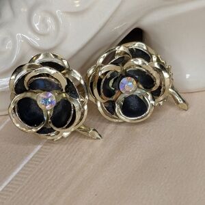Vintage 60s Black Rose Earrings Crystal Accent Clip-on Mid Century